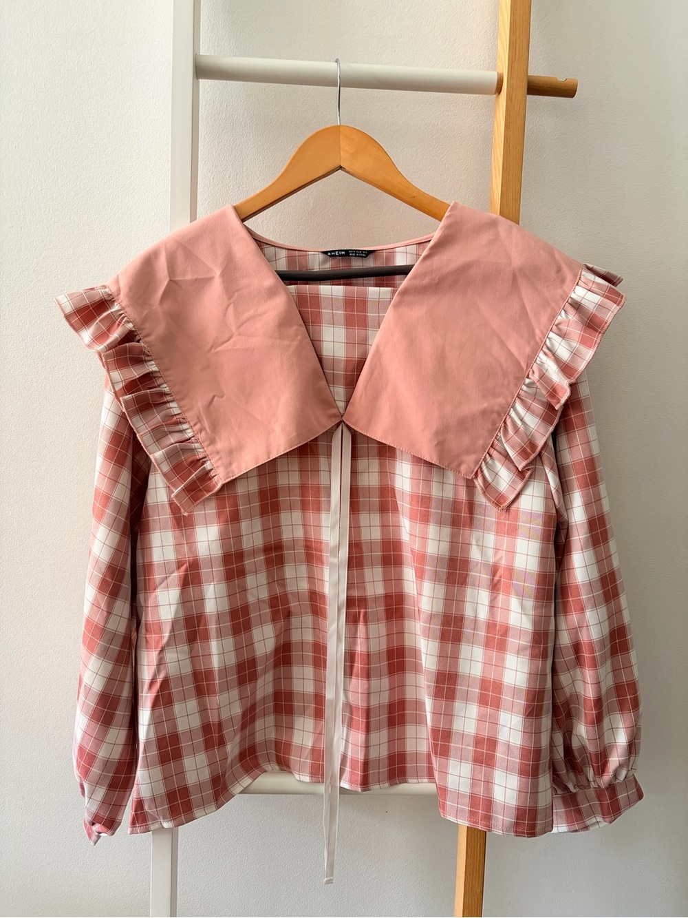 SHEIN Women's Pink Plaid Ruffle Collar Jacket
